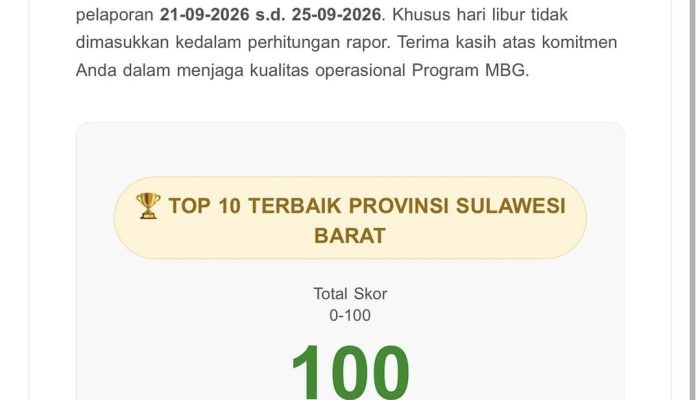 SPPG Karossa Raih Skor 100, Masuk Top 10 Terbaik di Sulawesi Barat