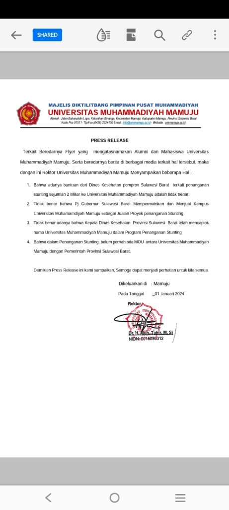 Polemik Pengelolaan Anggaran Stunting Mengatasnamakan Unimaju, Rektor Luruskan Soal Tudingan Terhadap Pj.Gubernur